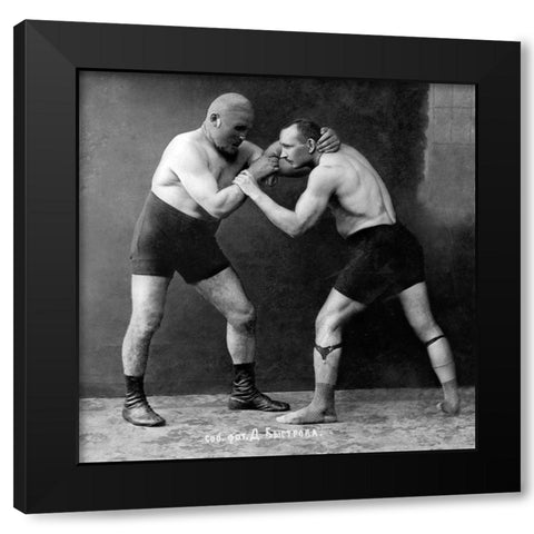 Russian Wrestlers Black Modern Wood Framed Art Print by Vintage Wrestler