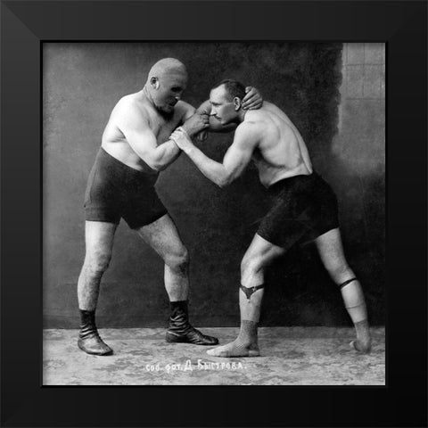 Russian Wrestlers Black Modern Wood Framed Art Print by Vintage Wrestler