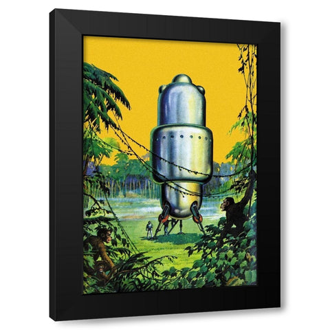 Spaceship in the Jungle Black Modern Wood Framed Art Print with Double Matting by Retrosci-fi