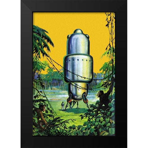 Spaceship in the Jungle Black Modern Wood Framed Art Print by Retrosci-fi