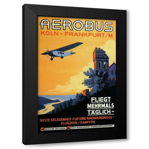 Cologne Frankfurt Aerobus and Rhine Castle Black Modern Wood Framed Art Print by Siegwardt, K.