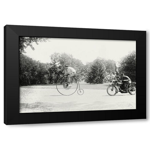 Motorcycle cop chases a Penny Farthing Velocipede Black Modern Wood Framed Art Print by Unknown