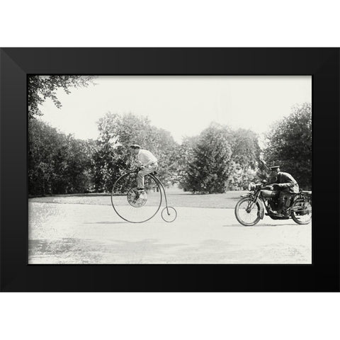 Motorcycle cop chases a Penny Farthing Velocipede Black Modern Wood Framed Art Print by Unknown