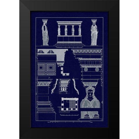 Porch of Caryatids, Polychrome (Blueprint) Black Modern Wood Framed Art Print by Buhlmann, J.