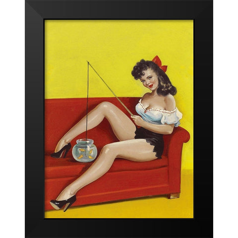 Mid-Century Pin-Ups - Joker Magazine - Fishin n funny Black Modern Wood Framed Art Print by Driben, Peter
