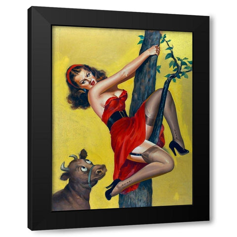 Mid-Century Pin-Ups - Moo - Up a tree Black Modern Wood Framed Art Print with Double Matting by Driben, Peter
