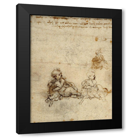 Studies for the Christ Child with a Lamb (recto) Black Modern Wood Framed Art Print by da Vinci, Leonardo