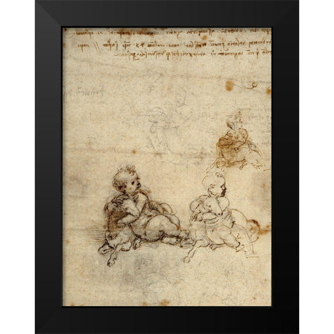 Studies for the Christ Child with a Lamb (recto) Black Modern Wood Framed Art Print by da Vinci, Leonardo