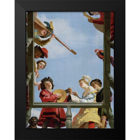 Musical Group on a Balcony Black Modern Wood Framed Art Print by van Honthorst, Gerrit