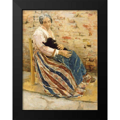 An Old Woman with Cat Black Modern Wood Framed Art Print by Liebermann, Max