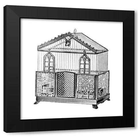 Etchings: Birdcage - Peaked top, patterned base, windows and deer head detail. Black Modern Wood Framed Art Print with Double Matting by Catalog Illustration