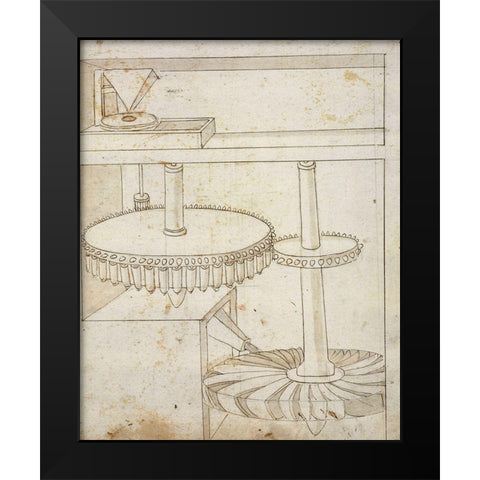 Folio 44: mill powered by horizontal wheel Black Modern Wood Framed Art Print by Martini, Francesco di Giorgio