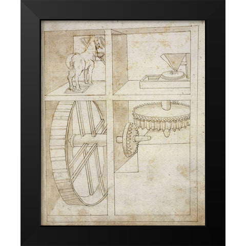 Folio 43: mill powered by horse Black Modern Wood Framed Art Print by Martini, Francesco di Giorgio