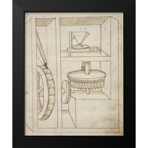Folio 40: mill with overshot water wheel Black Modern Wood Framed Art Print by Martini, Francesco di Giorgio