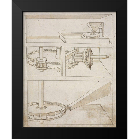 Mill with horizontal water wheel Black Modern Wood Framed Art Print by Martini, Francesco di Giorgio