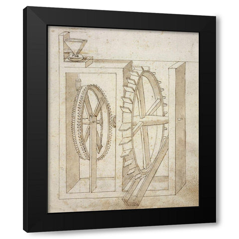 Folio 14: mill with undershot water wheel Black Modern Wood Framed Art Print by Martini, Francesco di Giorgio