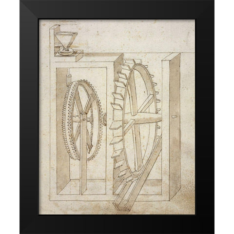 Folio 14: mill with undershot water wheel Black Modern Wood Framed Art Print by Martini, Francesco di Giorgio