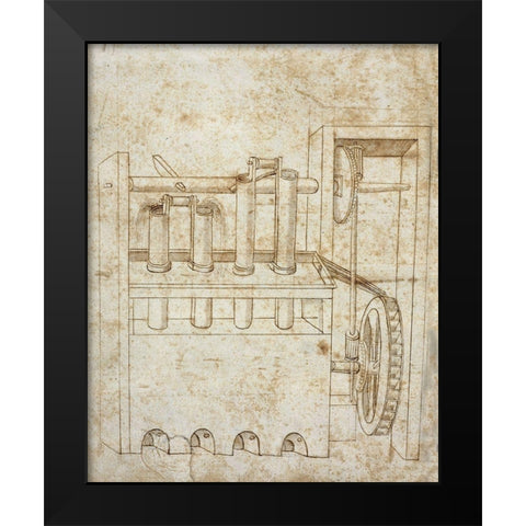 Folio 10: piston pumps and water wheel Black Modern Wood Framed Art Print by Martini, Francesco di Giorgio