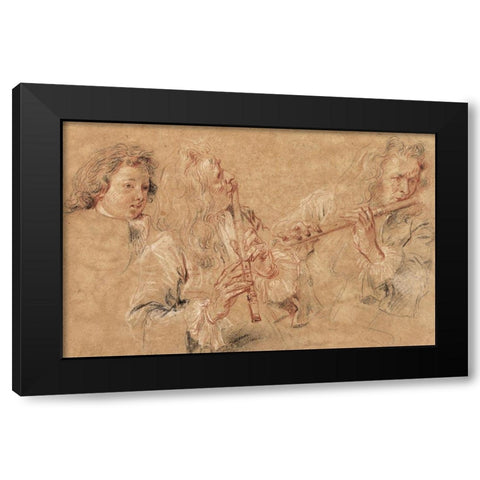 Two Studies of a Flutist and a Study of the Head of a Boy Black Modern Wood Framed Art Print with Double Matting by Watteau, Jean-Antoine
