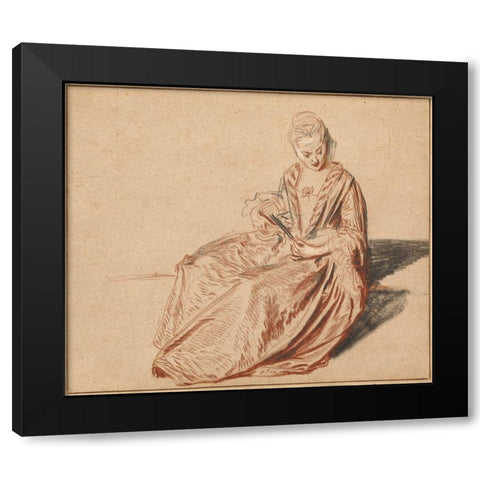 Seated Woman with a Fan Black Modern Wood Framed Art Print with Double Matting by Watteau, Jean-Antoine