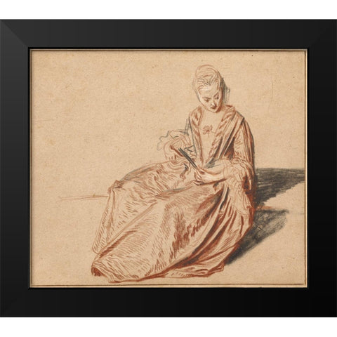 Seated Woman with a Fan Black Modern Wood Framed Art Print by Watteau, Jean-Antoine