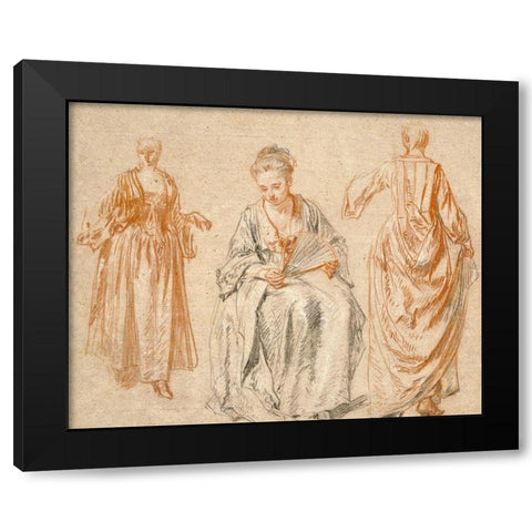 Studies of Three Women Black Modern Wood Framed Art Print by Watteau, Jean-Antoine