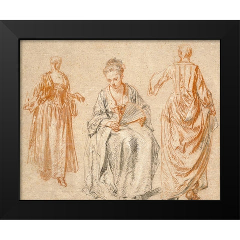 Studies of Three Women Black Modern Wood Framed Art Print by Watteau, Jean-Antoine