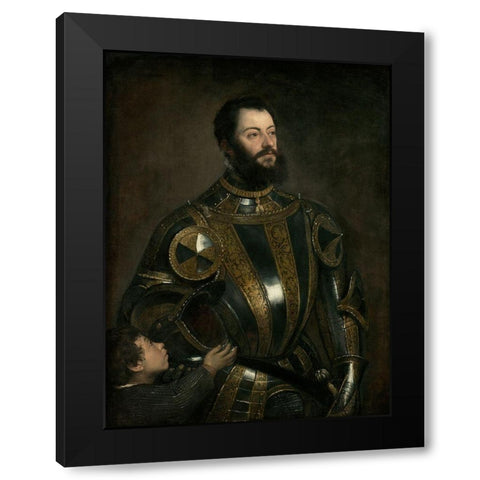 Portrait of Alfonso dAvalos, Marchese del Vasto, in Armor with a Page Black Modern Wood Framed Art Print with Double Matting by Titian (Tiziano Vecellio)