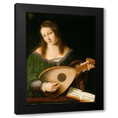 Lady Playing a Lute Black Modern Wood Framed Art Print with Double Matting by Veneto, Barolomeo