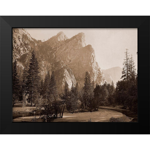 Further Up the Valley, The Three Brothers, the highest, 3,830 ft., Yosemite, California, 1866 Black Modern Wood Framed Art Print by Watkins, Carleton