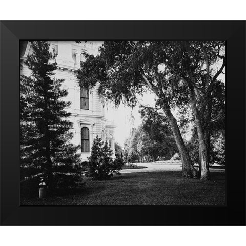 Thurlow Lodge - Lawn and House. From Barron Cluster. Black and white. Black Modern Wood Framed Art Print by Watkins, Carleton