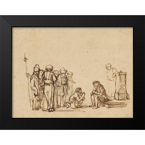The Mocking of Christ Black Modern Wood Framed Art Print by Unknown Rembrandt Pupil