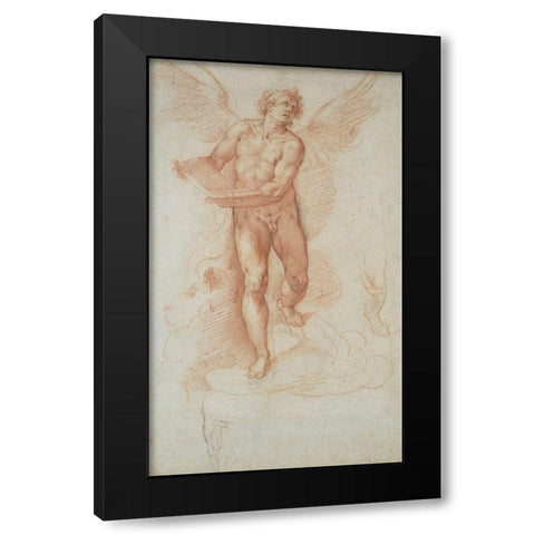 An Angel Holding a Book (recto); Three Studies of a Falling Male Figure (verso) Black Modern Wood Framed Art Print with Double Matting by Roncalli, Cristoforo