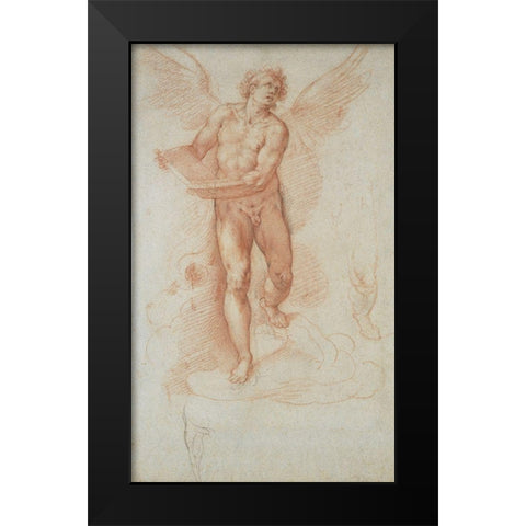 An Angel Holding a Book (recto); Three Studies of a Falling Male Figure (verso) Black Modern Wood Framed Art Print by Roncalli, Cristoforo