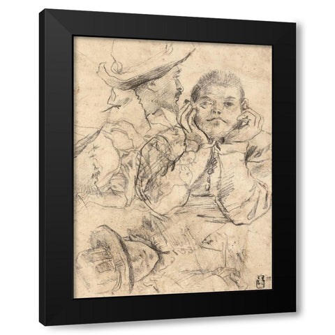 Four Studies of Heads Drawn over a Copy of Saint John the Evangelist by Correggio (recto); Three Stu Black Modern Wood Framed Art Print by Carracci, Annibale or Lodovico