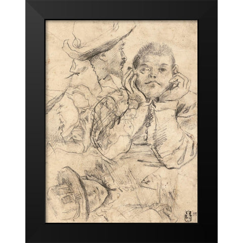 Four Studies of Heads Drawn over a Copy of Saint John the Evangelist by Correggio (recto); Three Stu Black Modern Wood Framed Art Print by Carracci, Annibale or Lodovico