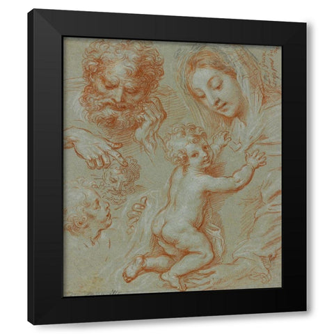 Studies of the Madonna and Child and of Heads (recto); Madonna and Child with Saint John Seated in a Black Modern Wood Framed Art Print by Corneille, Michel