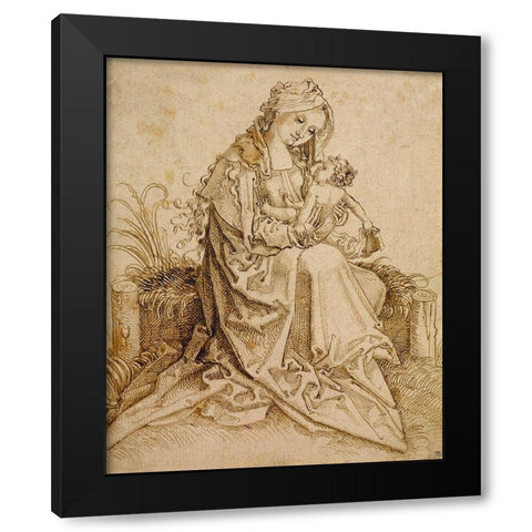 The Virgin and Child on a Grassy Bench Black Modern Wood Framed Art Print by Unknown
