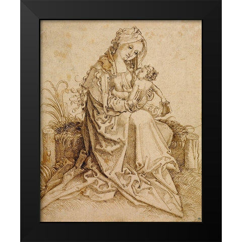 The Virgin and Child on a Grassy Bench Black Modern Wood Framed Art Print by Unknown