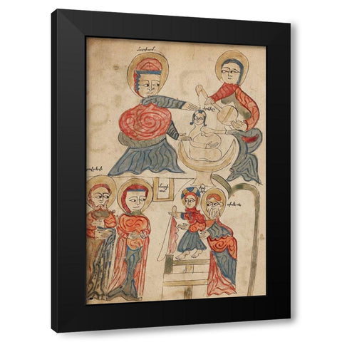 Bathing the Christ Child and The Presentation in the Temple Black Modern Wood Framed Art Print with Double Matting by Unknown 14th Century Illuminator