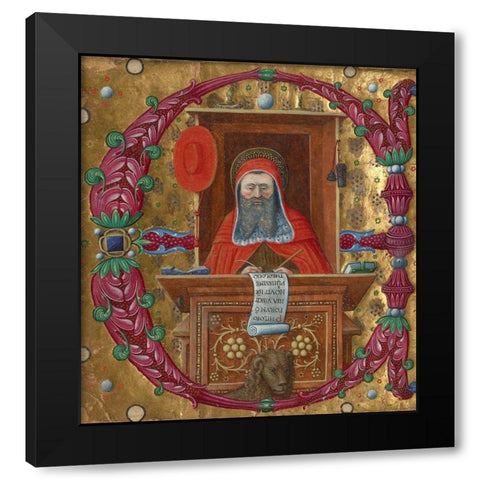 Initial E:  Saint Jerome in His Study Black Modern Wood Framed Art Print by Unknown 15th Century Italian Illuminator