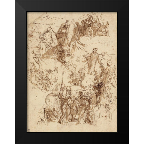 Sheet of Studies for The Martyrdom of Saint George Black Modern Wood Framed Art Print by Veronese, Paolo