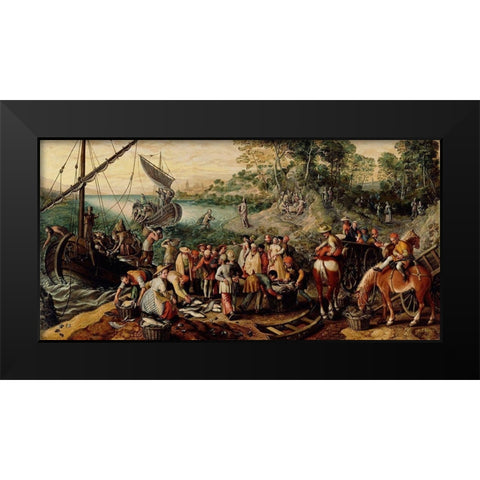 The Miraculous Draught of Fishes Black Modern Wood Framed Art Print by Beuckelaer, Joachim