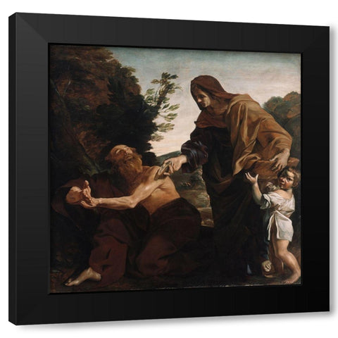 Elijah Receiving Bread from the Widow of Zarephath Black Modern Wood Framed Art Print with Double Matting by Lanfranco, Giovanni