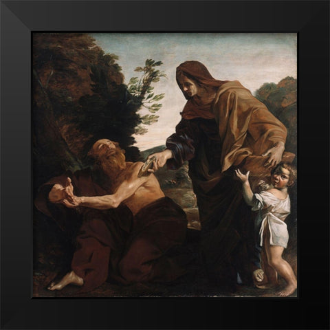Elijah Receiving Bread from the Widow of Zarephath Black Modern Wood Framed Art Print by Lanfranco, Giovanni