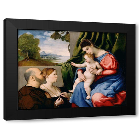 Madonna and Child with Two Donors Black Modern Wood Framed Art Print by Lotto, Lorenzo