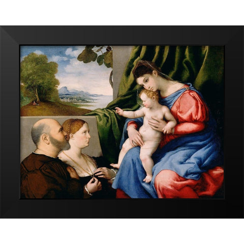 Madonna and Child with Two Donors Black Modern Wood Framed Art Print by Lotto, Lorenzo