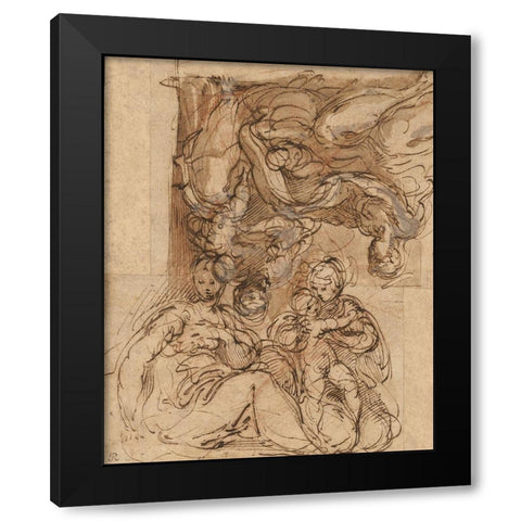 Two Studies for a Holy Family Black Modern Wood Framed Art Print by Parmigianino