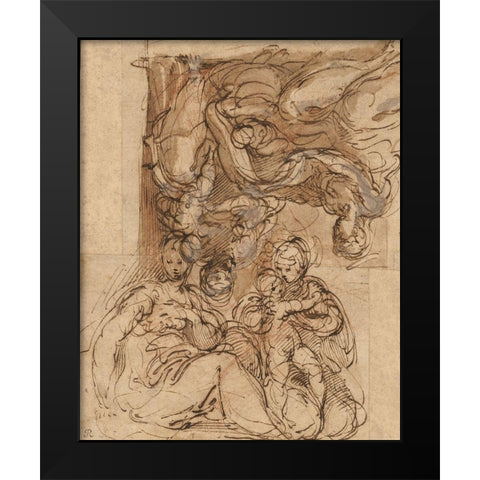 Two Studies for a Holy Family Black Modern Wood Framed Art Print by Parmigianino