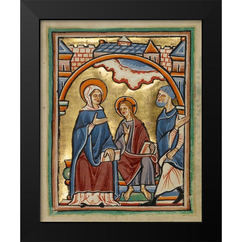 Christ Blessing His Parents Black Modern Wood Framed Art Print by Unknown 12th Century English Illuminator